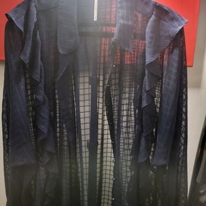 Free People Navy Blouse Sheer Long Sleeves w/Ruffles Large